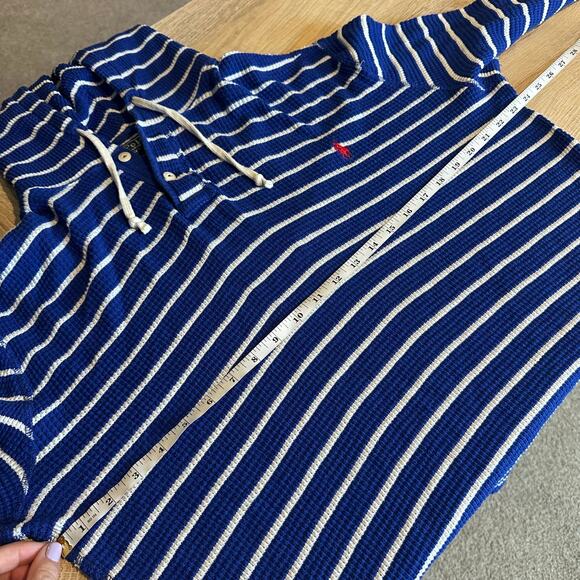 Polo Ralph Lauren Vintage Thermal Hooded Henley Waffle Knit Shirt Blue L - Picture 8 of 9